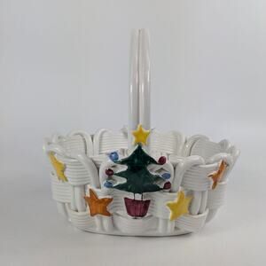 Handmade Italian Fused Glass Christmas Basket Veitri White Centerpiece Holiday